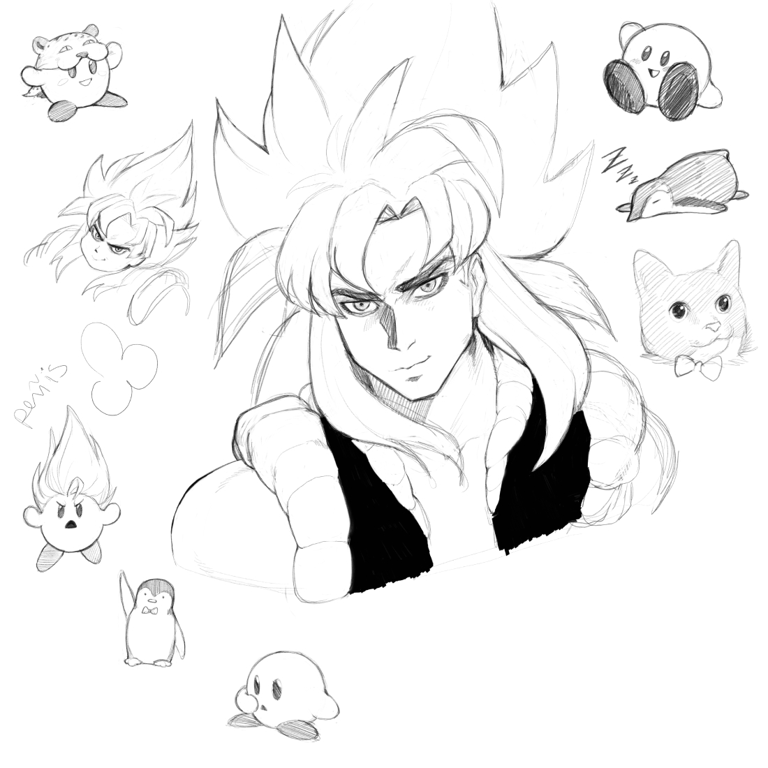 Various sketches of Gogeta, penguins, a cat, and Kirbys.