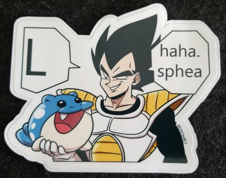 Sticker of Vegeta holding a jovial pokemon, Spheal, while saying, 